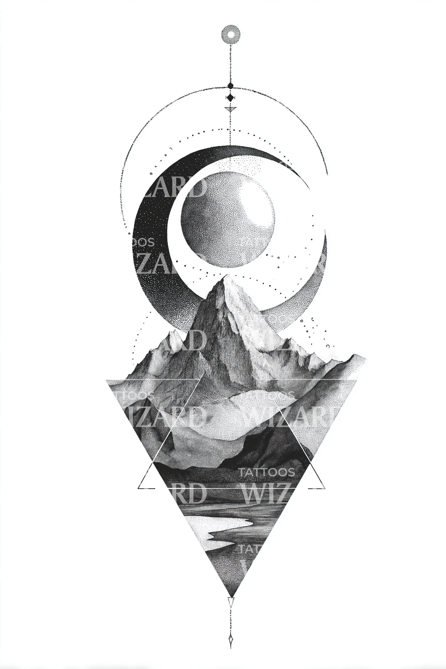 Crescent Over Peaks Tattoo Design
