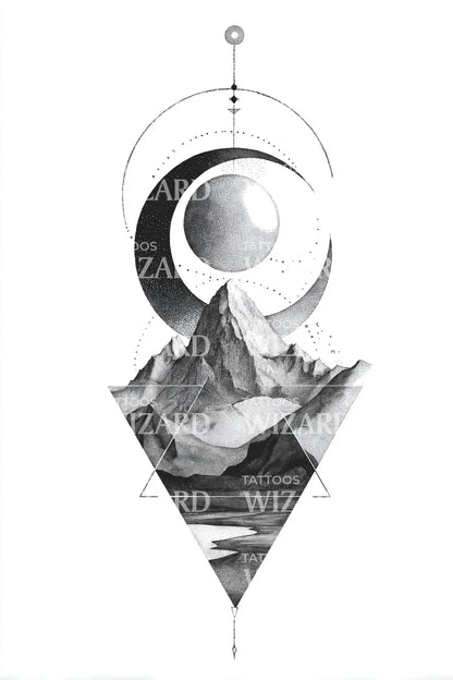 Crescent Over Peaks Tattoo Design
