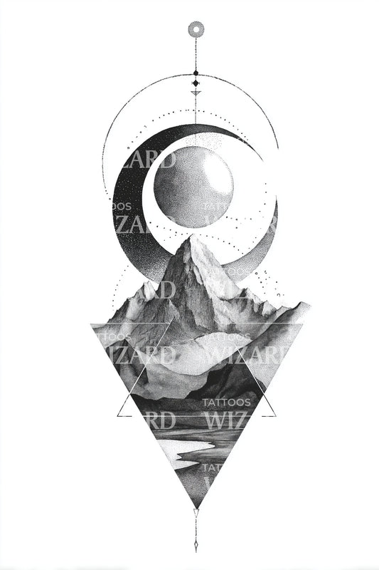 Crescent Over Peaks Tattoo Design