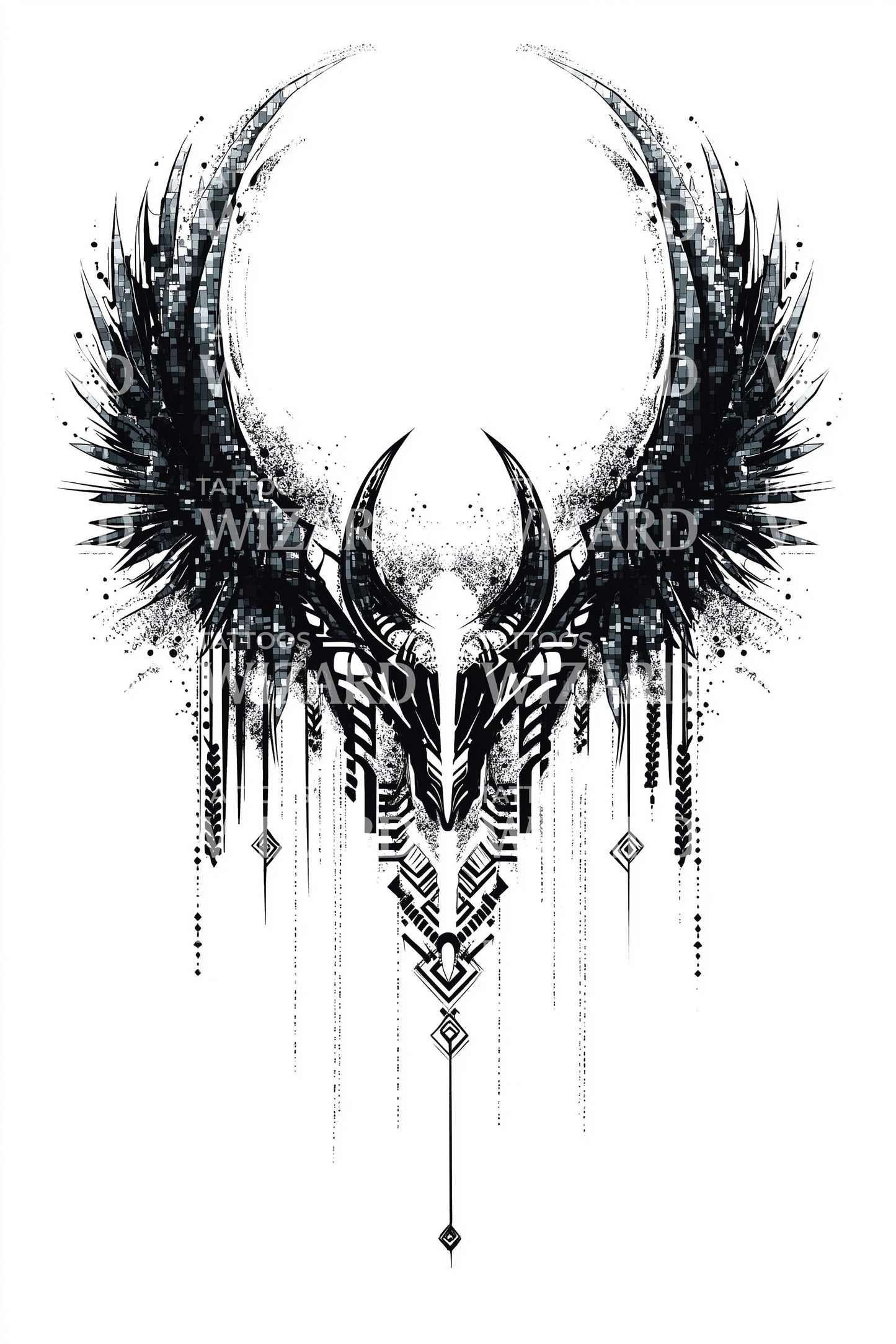 Crescent Skull Wings Tattoo Design