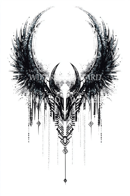 Crescent Skull Wings Tattoo Design