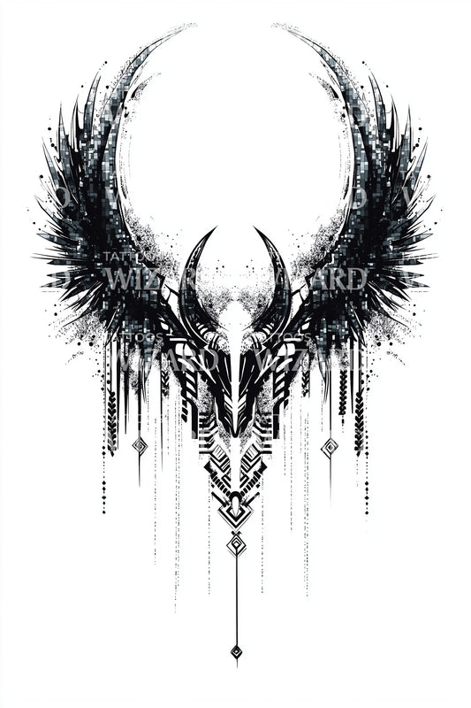 Crescent Skull Wings Tattoo Design