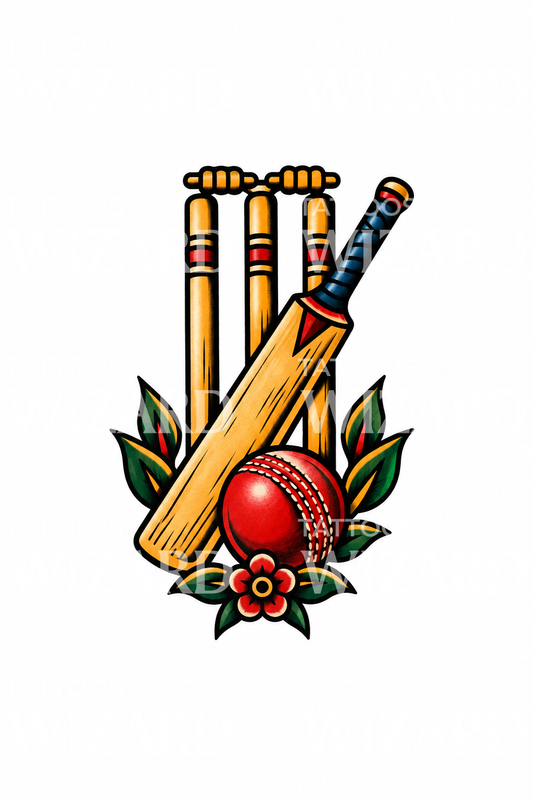 Tatoveringsdesign med cricketkølle, wickets og ball