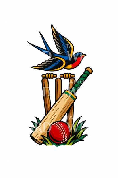 Cricket Bat Stumps and Swallow Tattoo Design