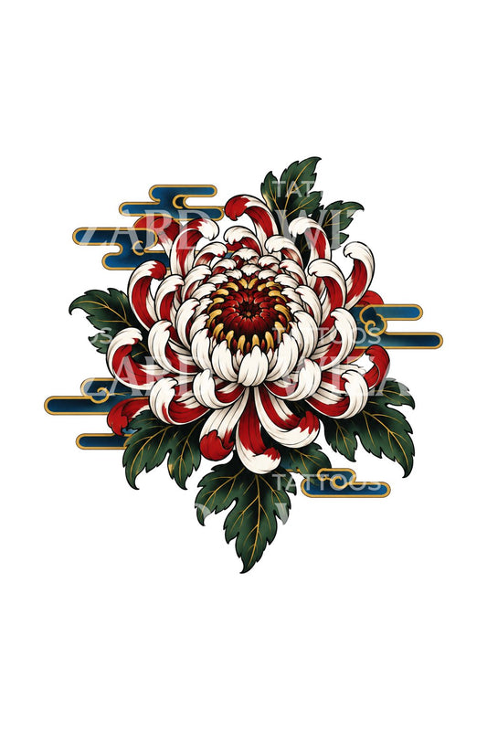 Desain Tato Irezumi Krisan Merah Tua dan Putih