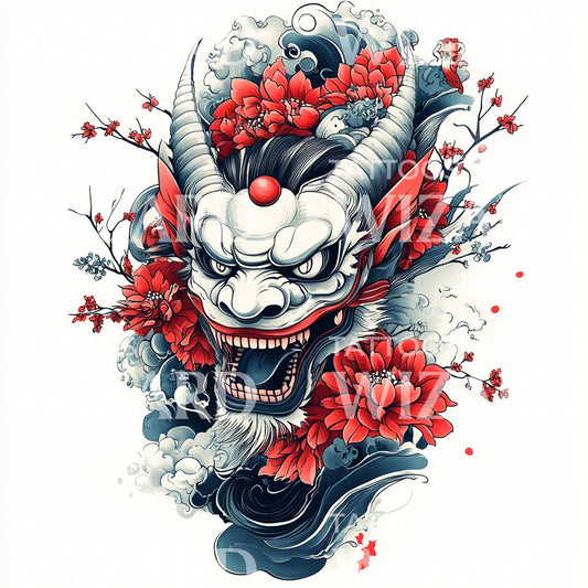 Crimson Bloom Oni Tattoo Illustration