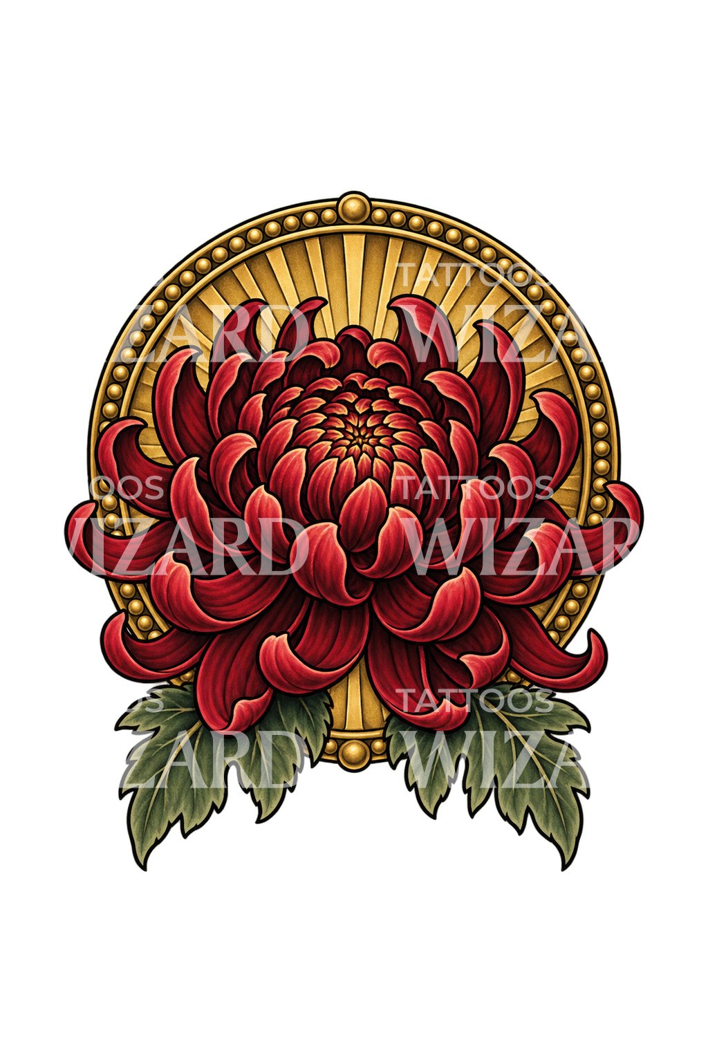 Crimson Chrysanthemum Gold Medallion Tattoo Design