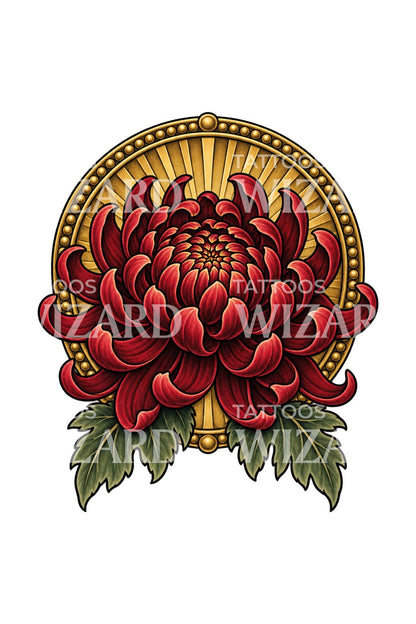 Crimson Chrysanthemum Gold Medallion Tattoo Design
