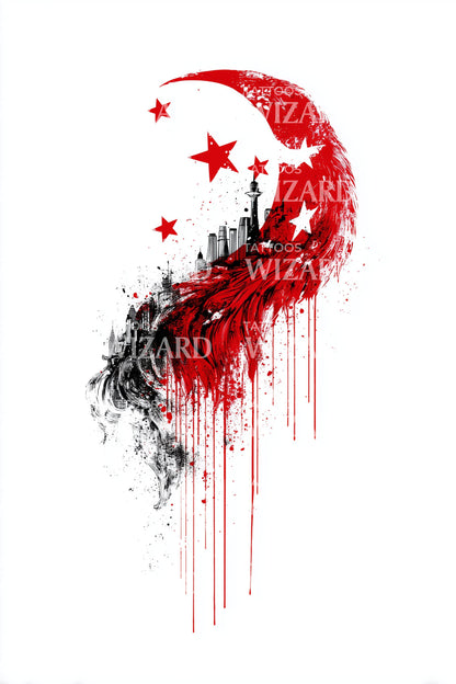 绯红新月星星纹身设计