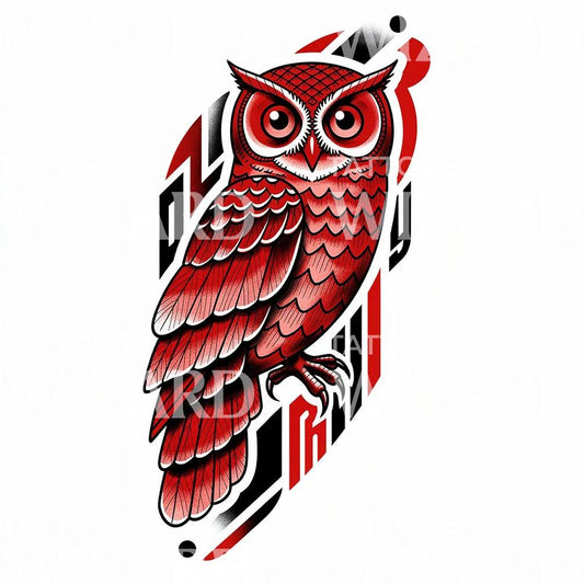 Crimson Geometric Owl Tattoo Design