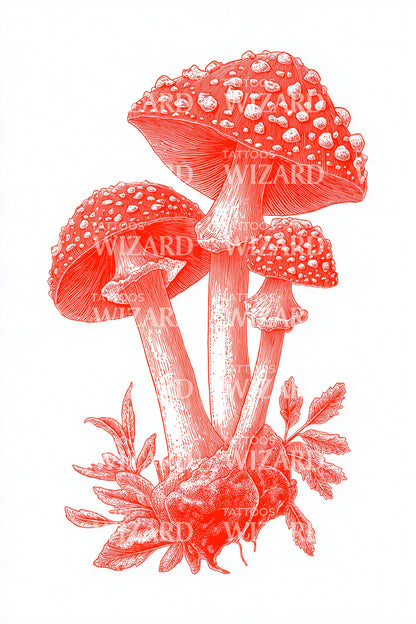 Crimson Glow Toadstools Tattoo Illustration