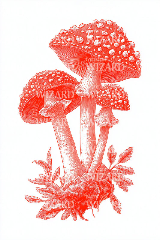 Crimson Glow Toadstools Tattoo Illustration