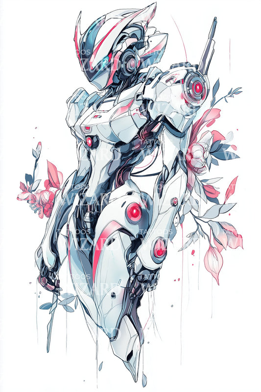 Crimson Mech Assault Tattoo Illustration