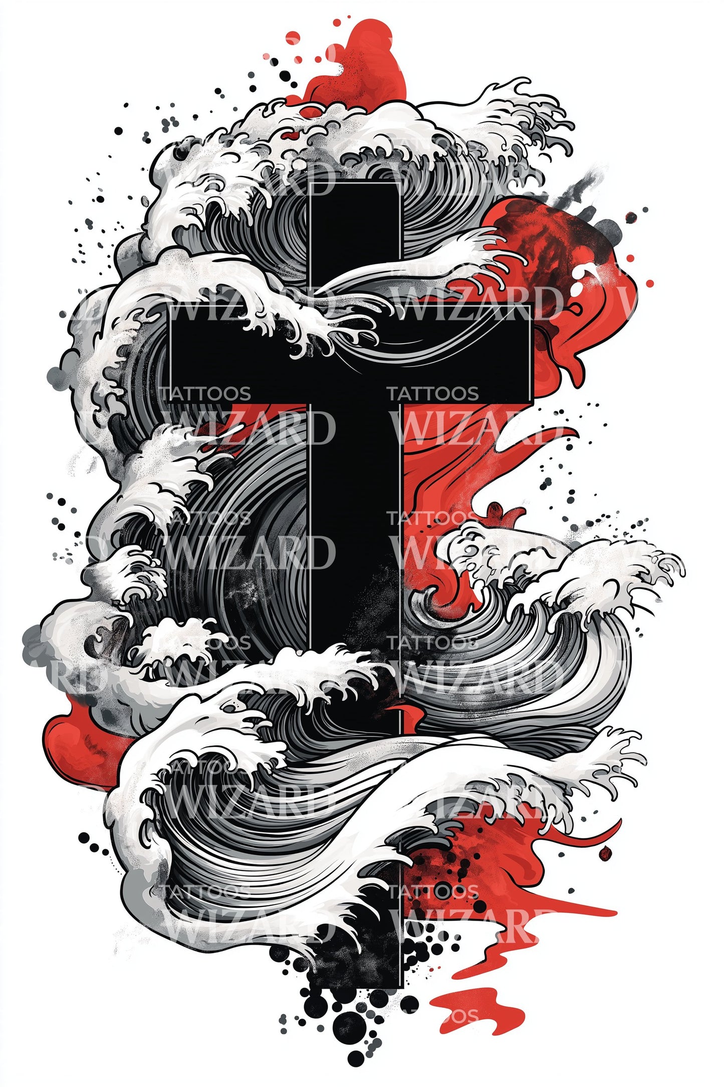 Crimson Splash Wave Cross Tattoo Design
