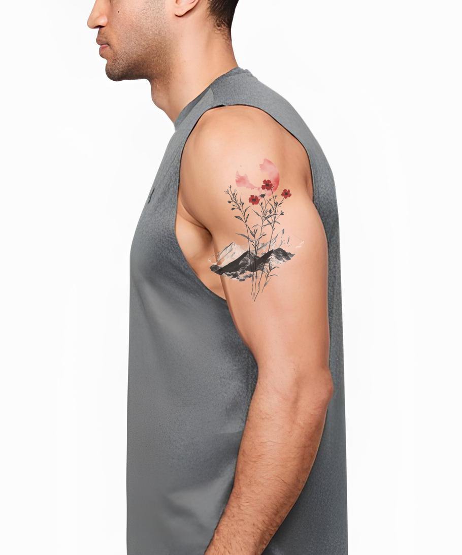 Crimson Sun Wildflowers Tattoo Design