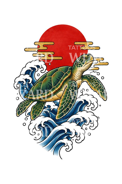 Irezumi ilustrace mořské želvy s karmínovým sluncem