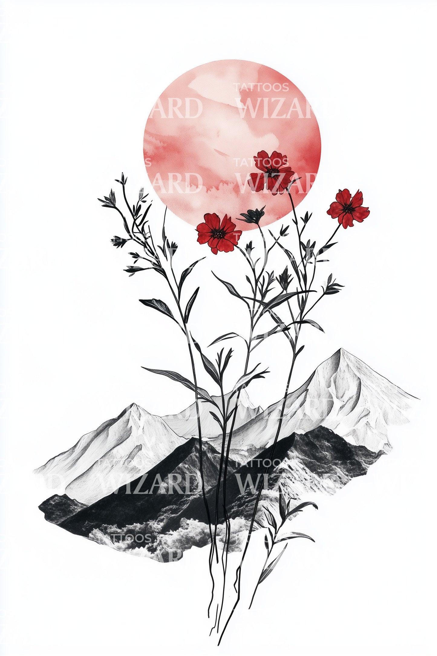 Crimson Sun Wildflowers Tattoo Design
