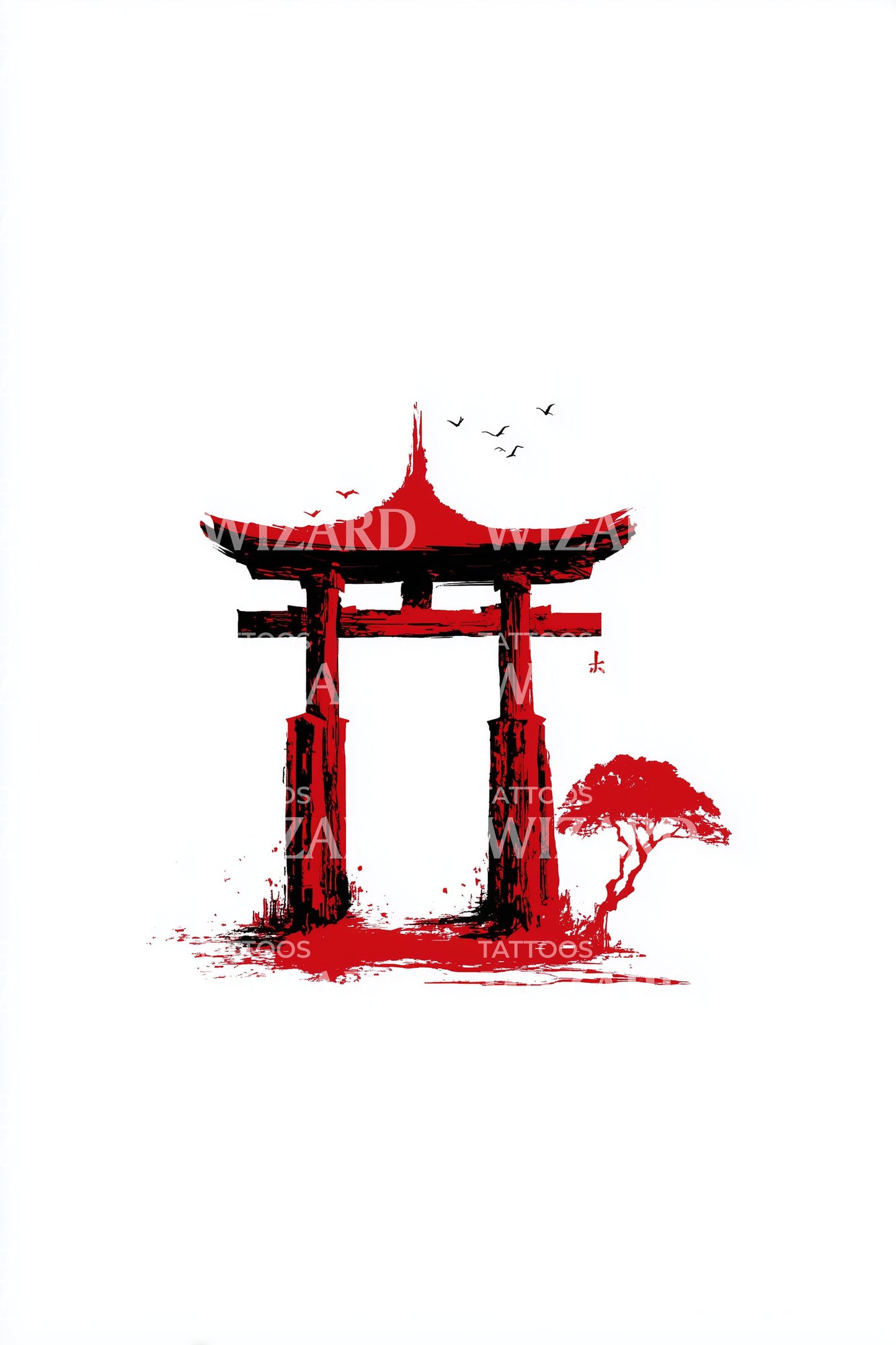 Crimson Torii Sunrise Tattoo Idea