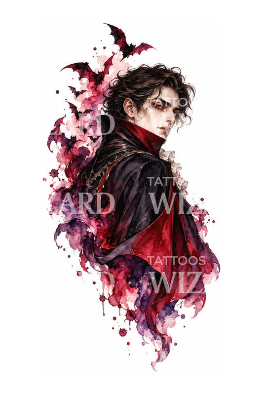 Crimson Vampire with Bats Watercolor Tattoo Design