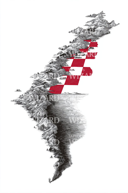 Croatian Coastline Checkers Tattoo Illustration