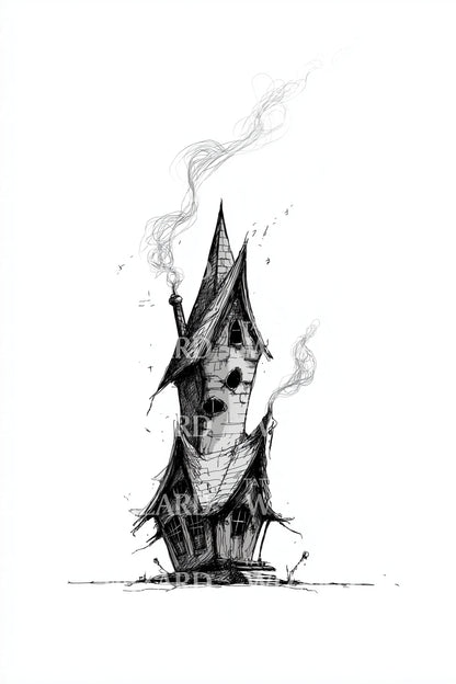 Crooked Haunted Winter House Tattoo Design