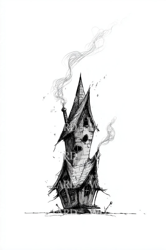 Crooked Haunted Winter House Tattoo Design