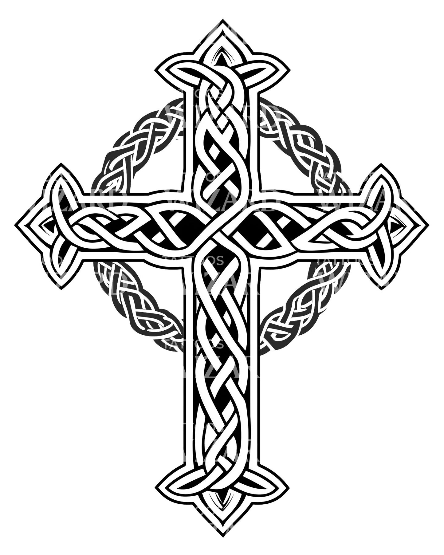 Cross and Celt Knot in Tribal Composition Tattoo Idea