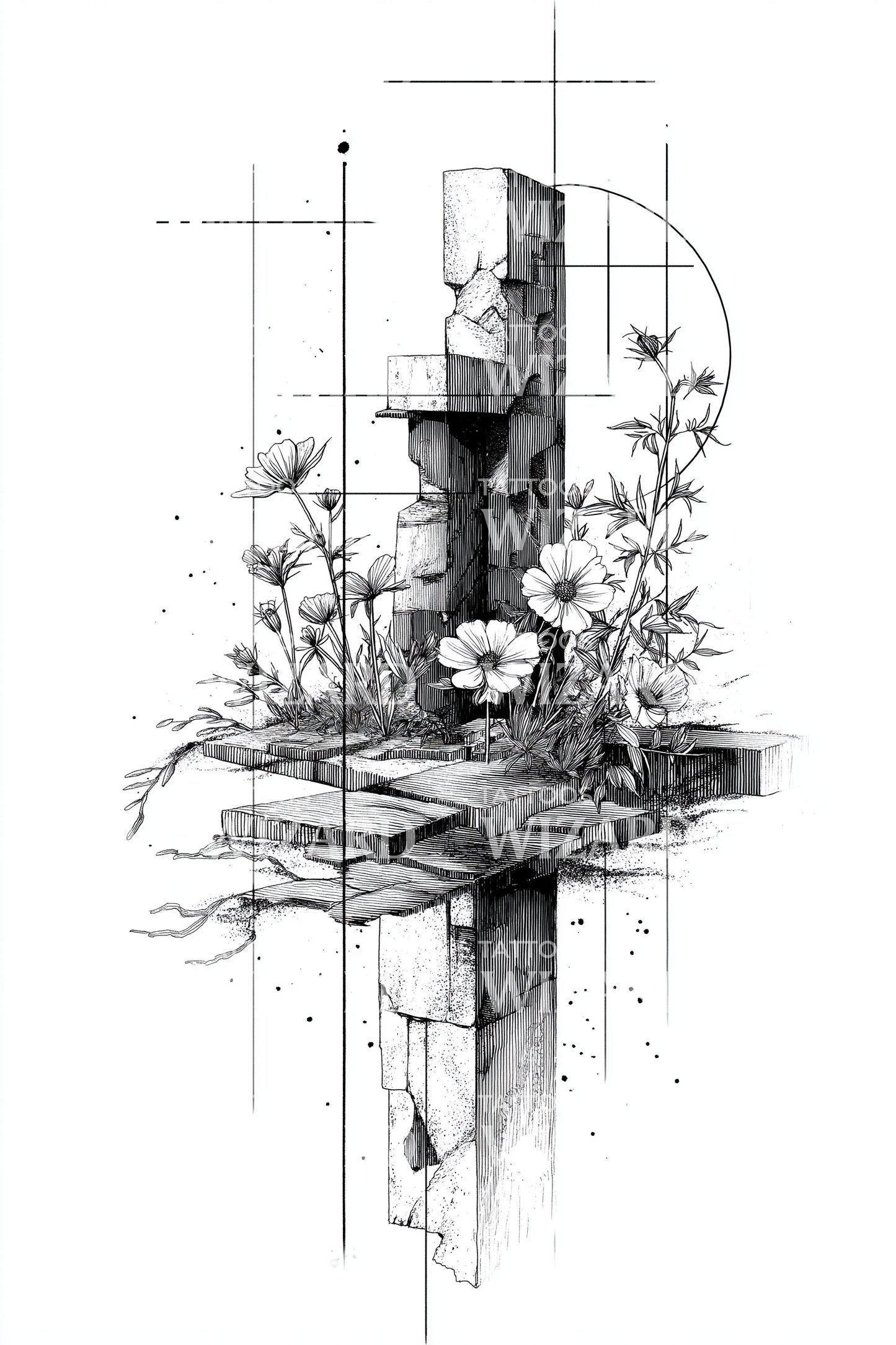 Kreuz Blumen Geometrie Tattoo Design