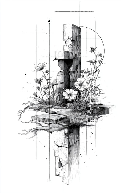 十字花卉几何纹身设计
