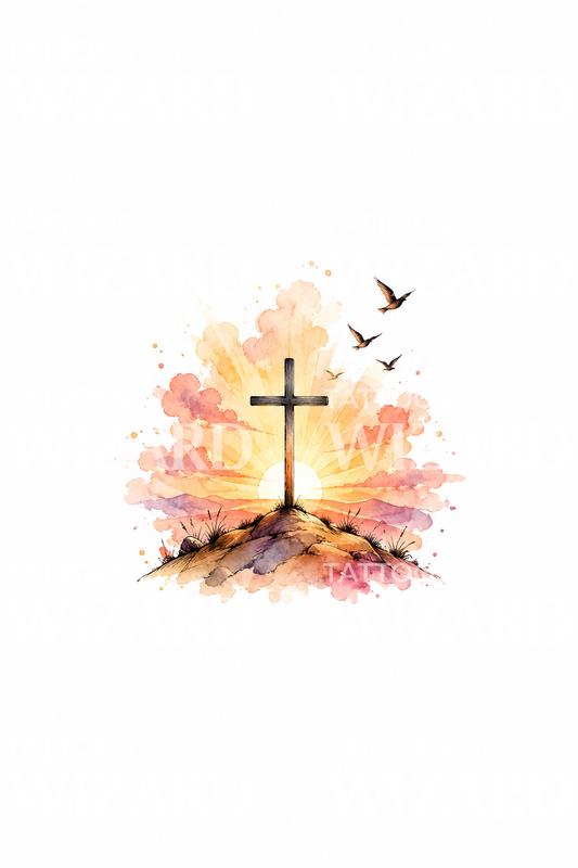 Tattoo-Design Kreuz auf einem Hügel im Sonnenaufgang