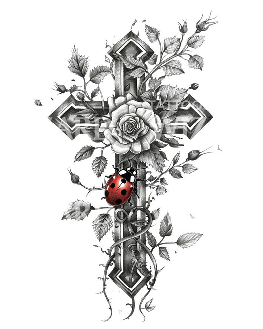 Croix avec conception de tatouage de coccinelle et de roses