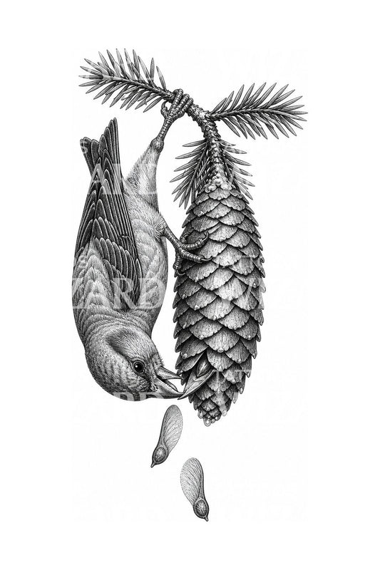 Design de tatouage d'un bec-croisé picorant un cône d'épicéa