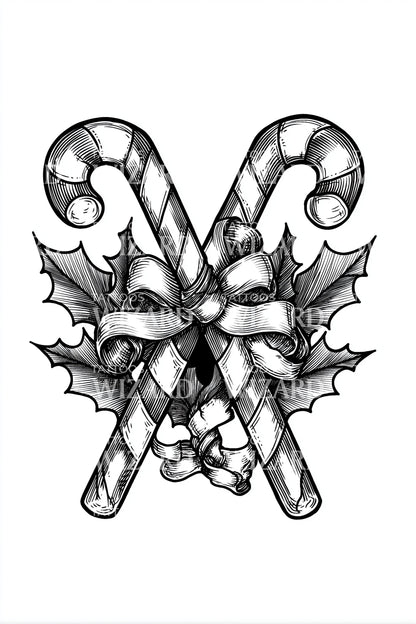 Crossed Candy Cane Holly Tattoo Design