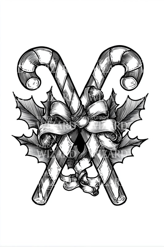 Crossed Candy Cane Holly Tattoo Design