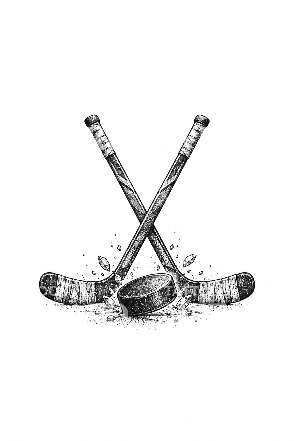 Tatouage pointilliste de crosses de hockey croisées et palet