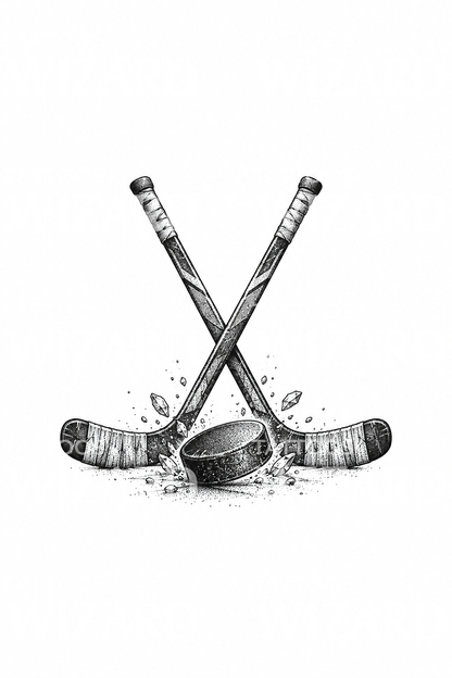 Tatouage pointilliste de crosses de hockey croisées et palet