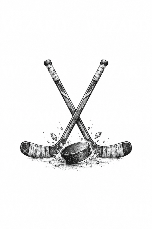 Tatouage pointilliste de crosses de hockey croisées et palet