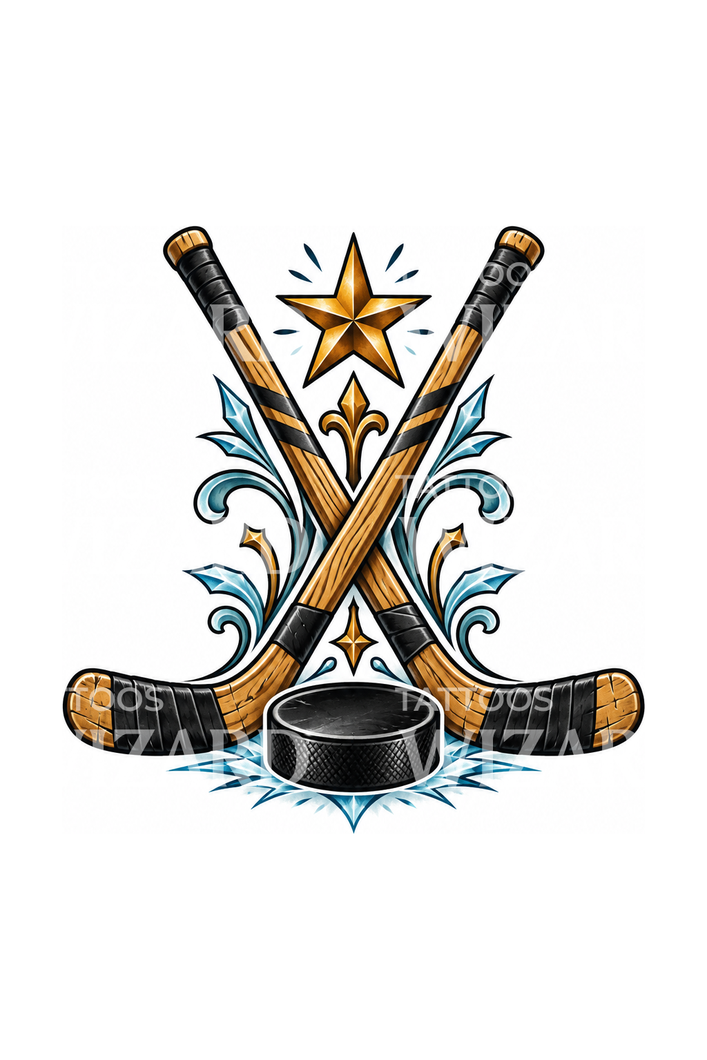 Crossed Hockey Sticks with Puck and Star Tattoo