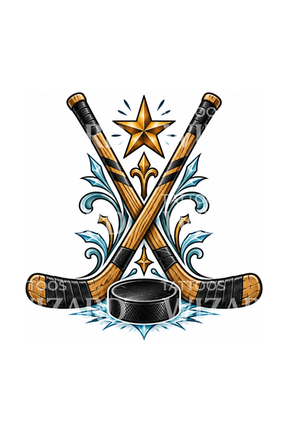 Crossed Hockey Sticks with Puck and Star Tattoo