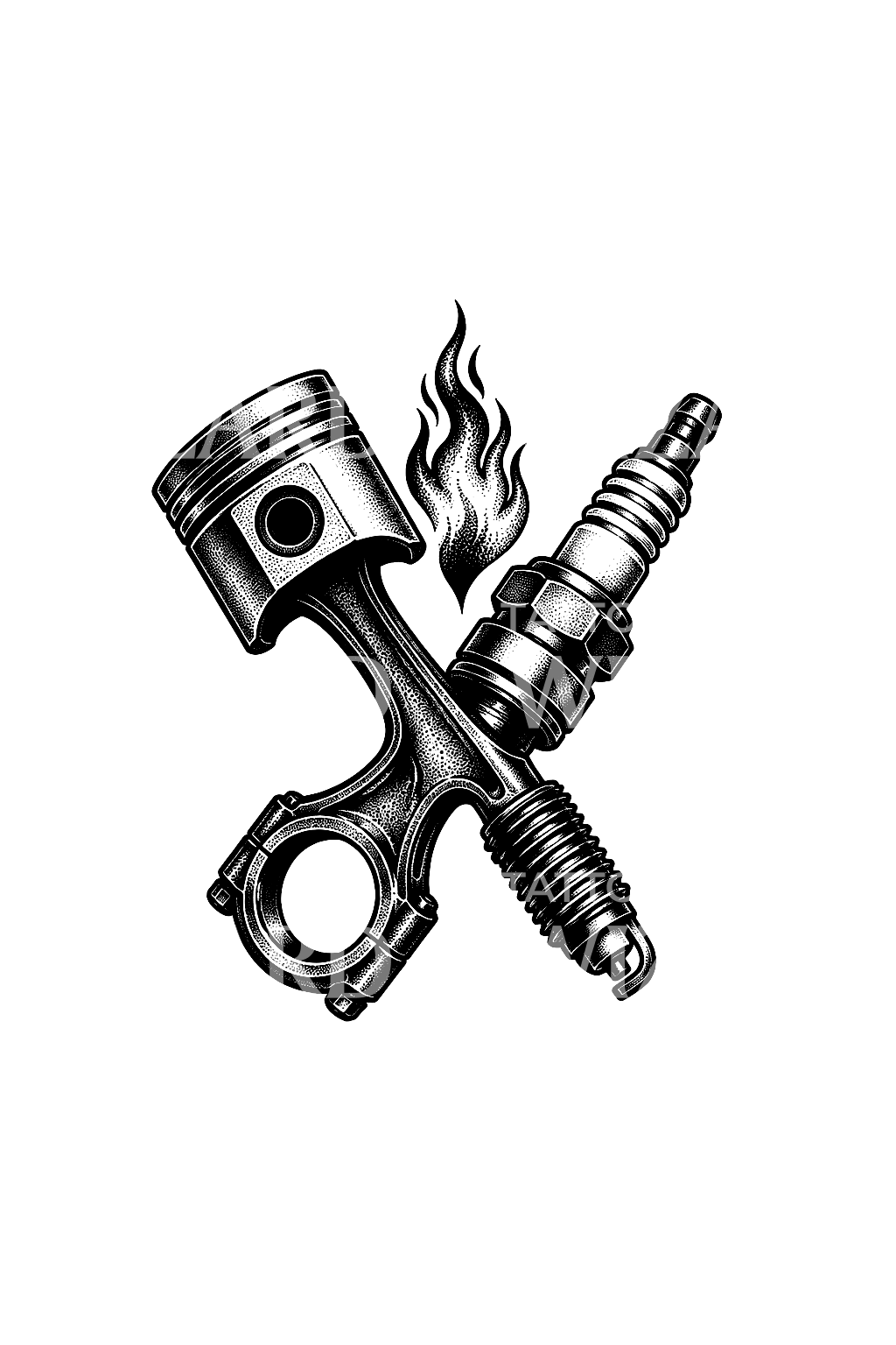 Tatuagem biker dotwork de pistão e vela de ignição cruzados