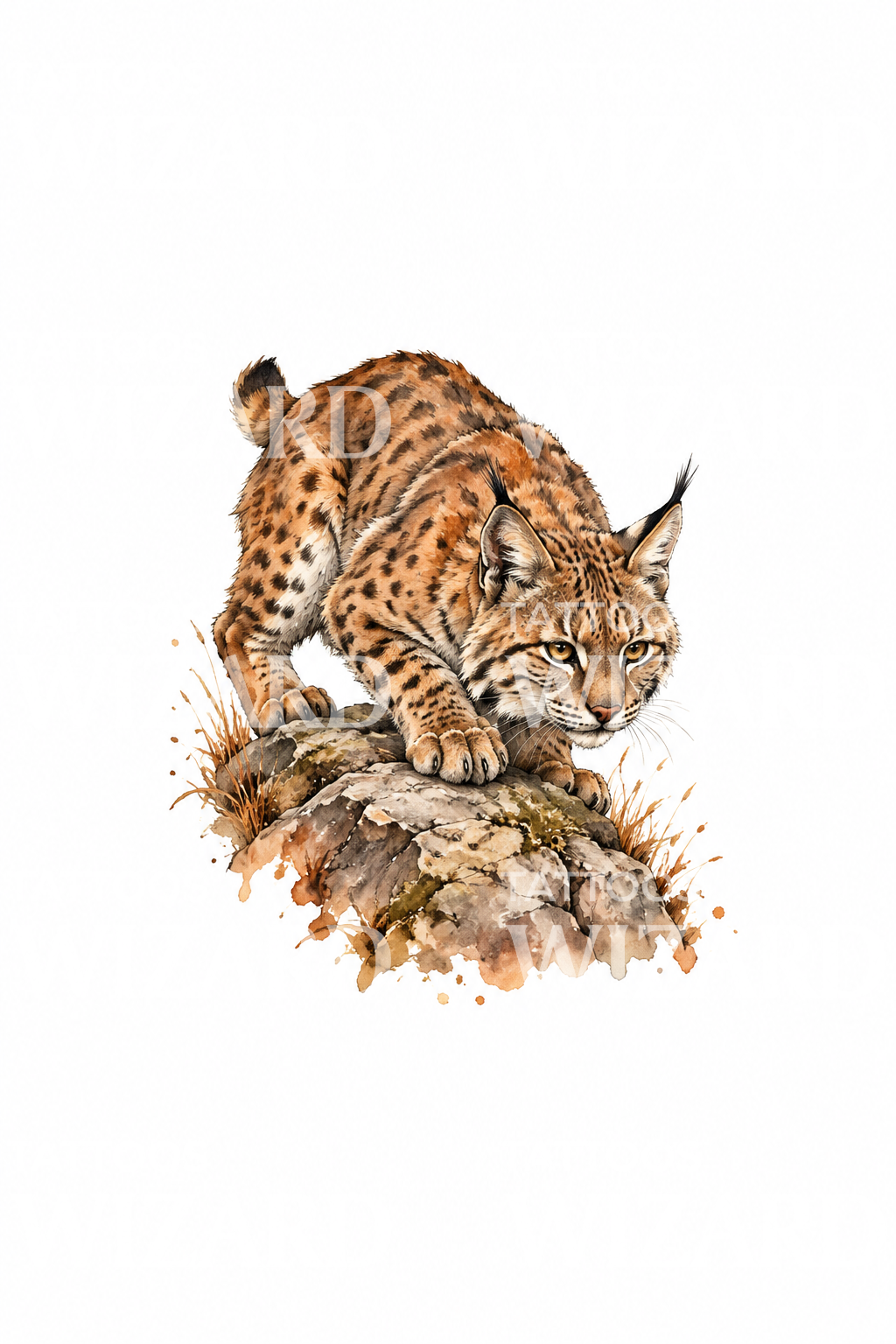 Tatouage aquarelle d'un lynx accroupi