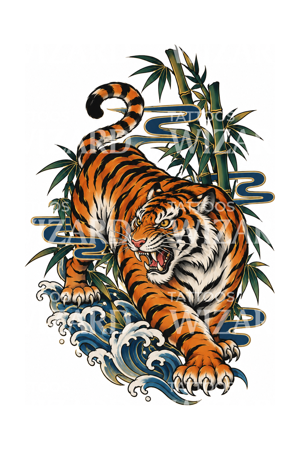 Sammenkrøbet tiger med bambus, japansk tatovering