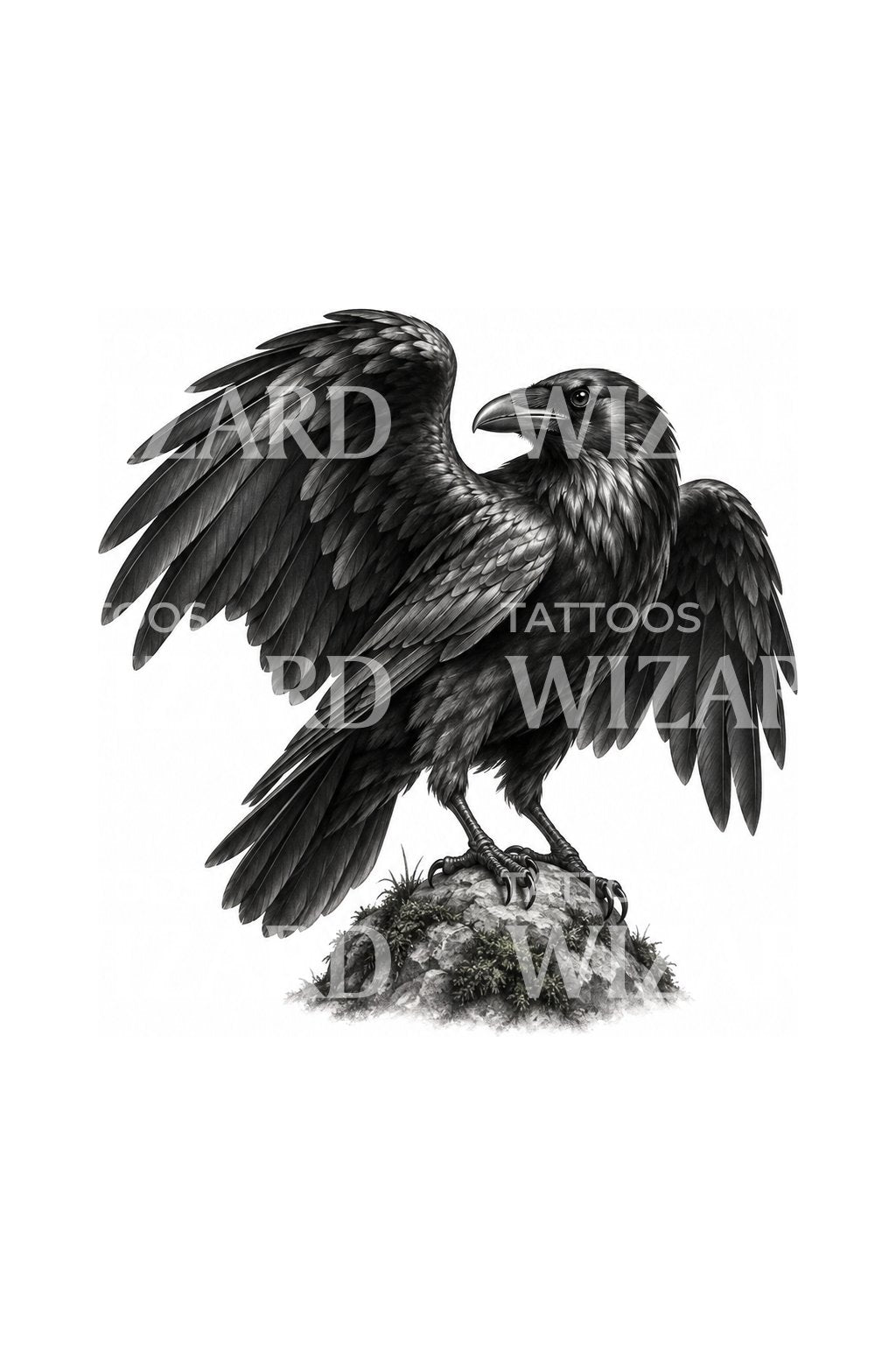 Illustrazione tatuaggio di un corvo che sorveglia una pietra muschiosa