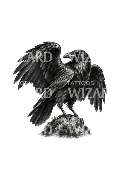 Illustrazione tatuaggio di un corvo che sorveglia una pietra muschiosa