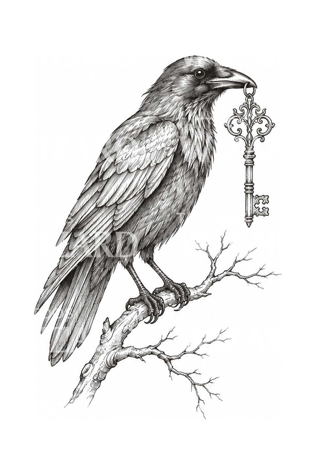 Crow Holding Antique Key Fine Line Tattoo