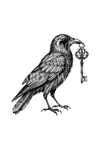 Crow Holding Antique Key Tattoo Design