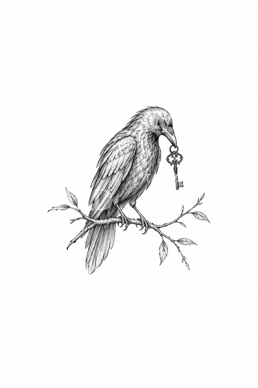 Crow Holding Antique Key Tattoo Idea