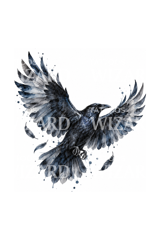 Desenho de tatuagem de corvo em voo em aguarela cinzenta