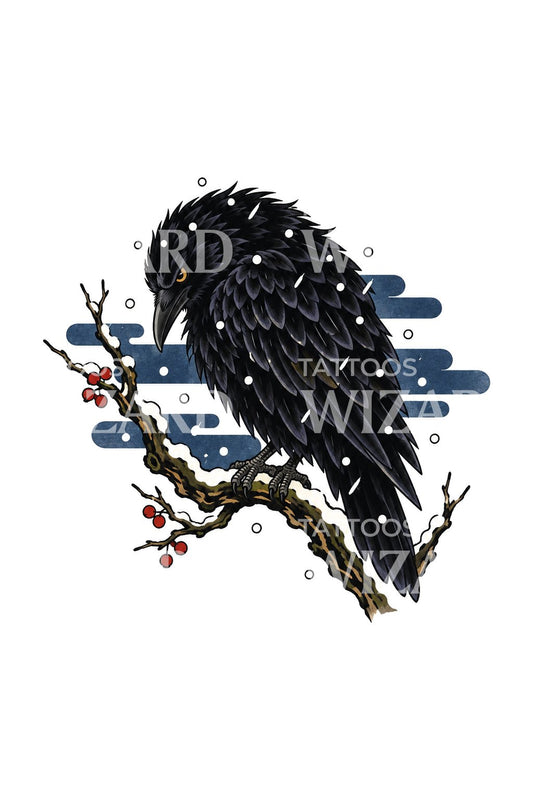 Tattoo-Design einer Krähe auf einem verschneiten Ast