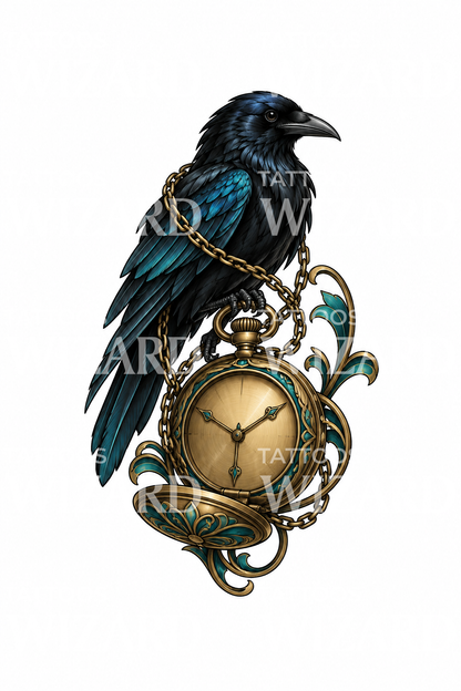 Tattoo-Illustration einer Krähe auf einer antiken Taschenuhr
